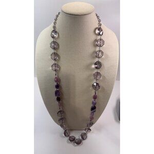 Signed Chico's Long Statement Acrylic and Amethyst Beads - Silver Tone